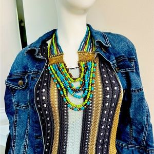 Necklace, eight strand bib, beaded necklace, gold tone, rhinestones
